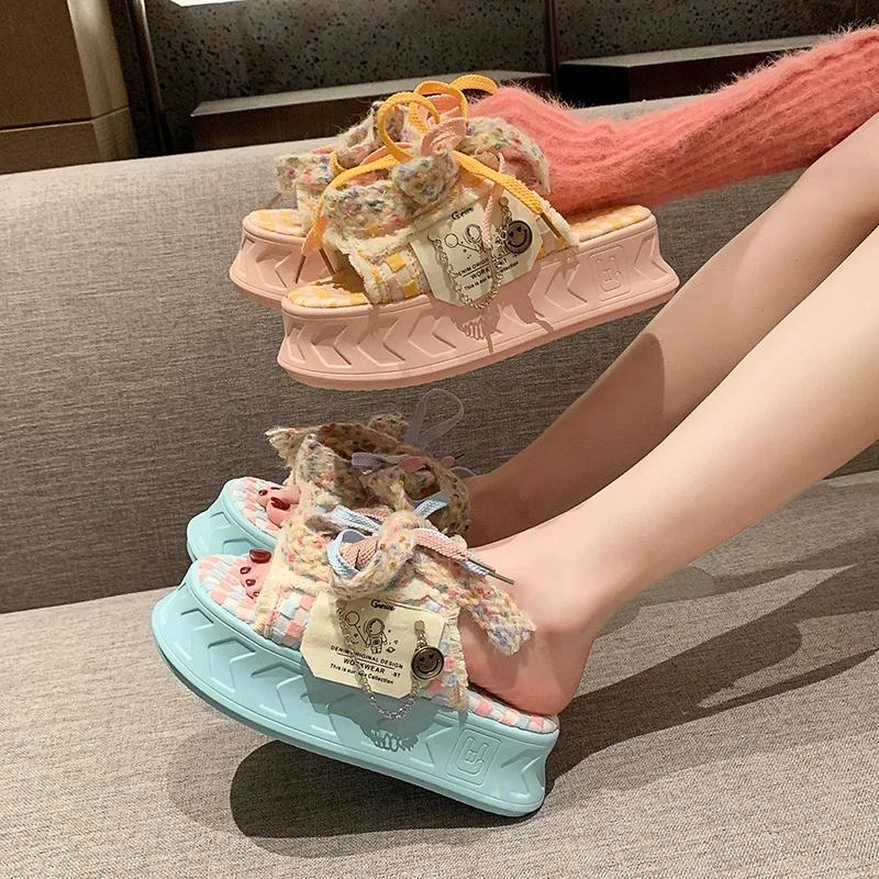 Fashion Thick Soled Canvas Half Slippers for Women's 2024 New Summer Casual Internet Red Lace Up Fashionable Sandals