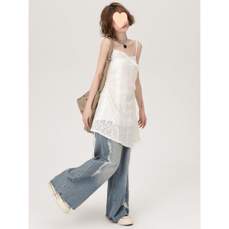 Sommer Spitzen-Häkel-Slipkleid mit abstraktem Druck für Freizeit-Damen