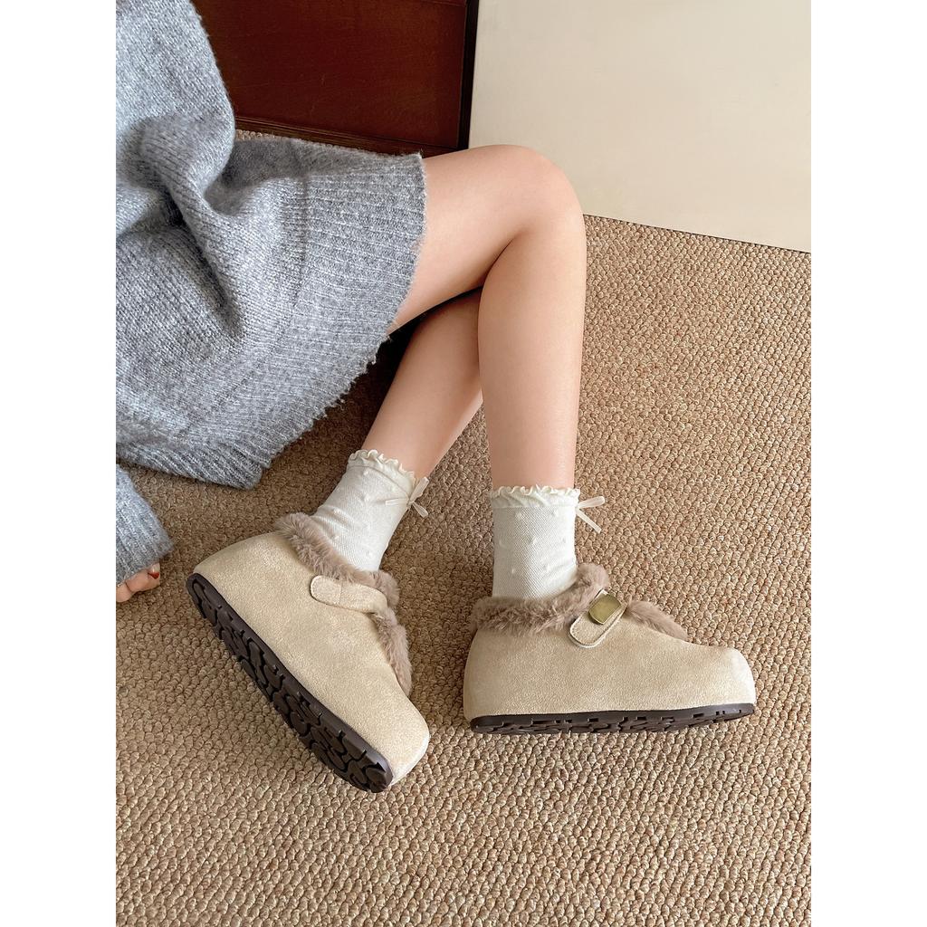 Fleece thickened non-slip thick-soled snow cotton shoes, winter wear to increase height and keep warm, fluffy Birkenstocks