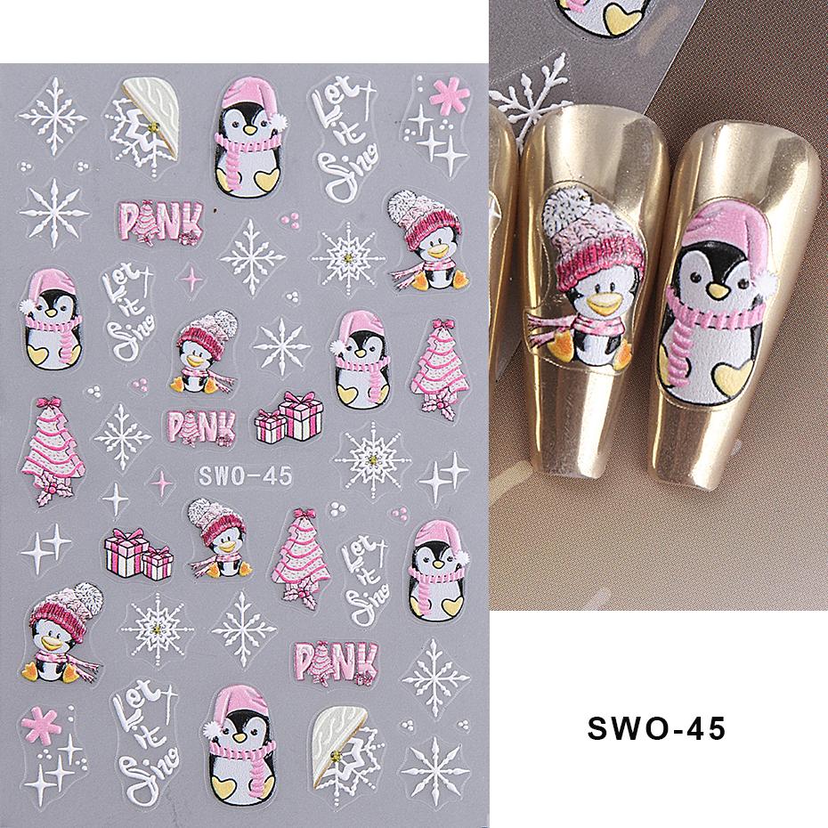 5D Embossed Christmas Nail Stickers Gingerbread Man Snowflake Snowman Penguin Autumn Winter Nail Art Decals Decoration