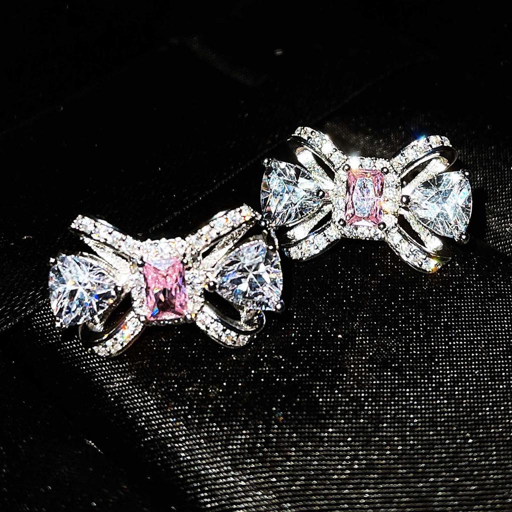 Light Luxury Cold Wind Summer Slightly Inlaid With Diamonds Bow Color Matching Earrings Temperament Collarbone Necklace Pink Diamond Ring