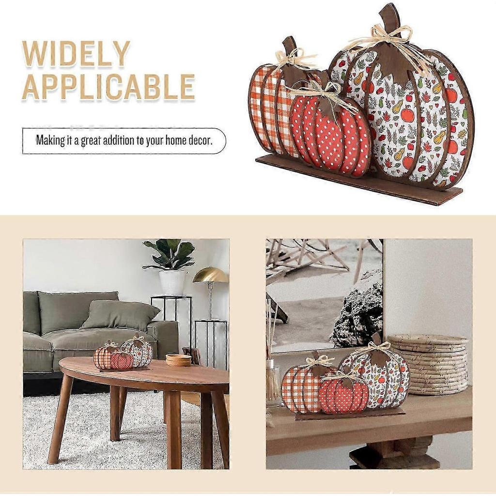 Thanksgiving Halloween Wooden Pumpkin Decoration, Table Block Autumn Plaid Wood Stand Fall Tiered Tray Decoration