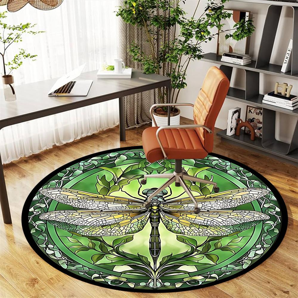1pc Dragonfly Stained Glass Round Chair mat Area Rug - Non-Slip, Floor Mat for Office, Bedroom, and Indoor Decor -1002267