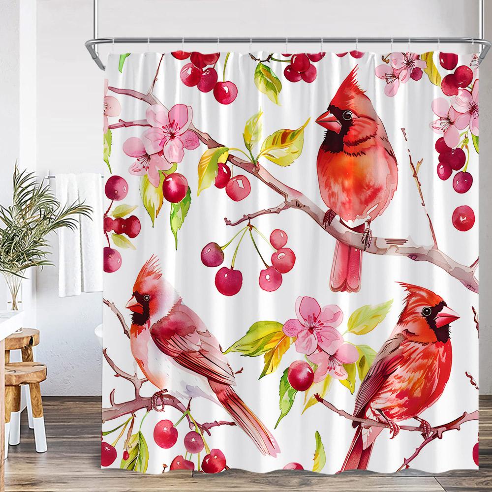 Red Birds Shower Curtain Pink Blossom Flower Branches Red Fruits Aimal Print Bathroom Decor Polyester Fabric Bathtub Curtain