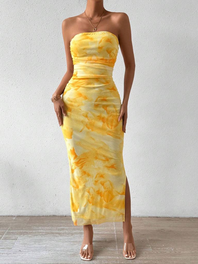 Women's TK Net Floral Printed Dress Summer New High Waist Slim Fit Split Back Cami Bodycon Skirt