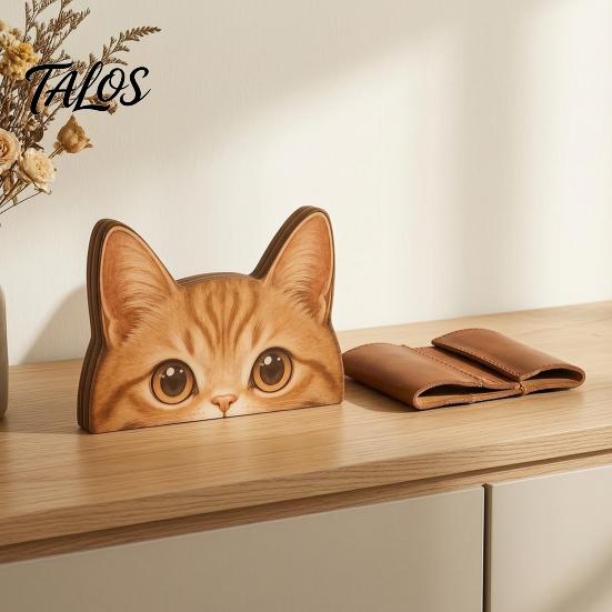 Charming Cat Statues for Room Peeking Orange Wooden Figurine, Cute Head Decoration, Handmade Gifts Lovers Natural Wood Tabletop Ornament, Gift