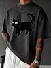 Unisex Black Crew Neck Tee Line Cat Pattern Print Oversized Short Sleeve Unisexs Summer Streetwear Casual Daily Basic Wear Top