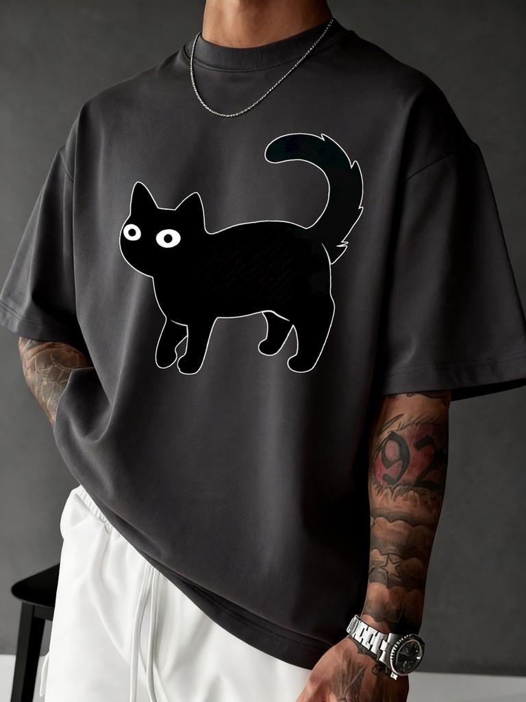 Unisex Black Crew Neck Tee Line Cat Pattern Print Oversized Short Sleeve Unisexs Summer Streetwear Casual Daily Basic Wear Top