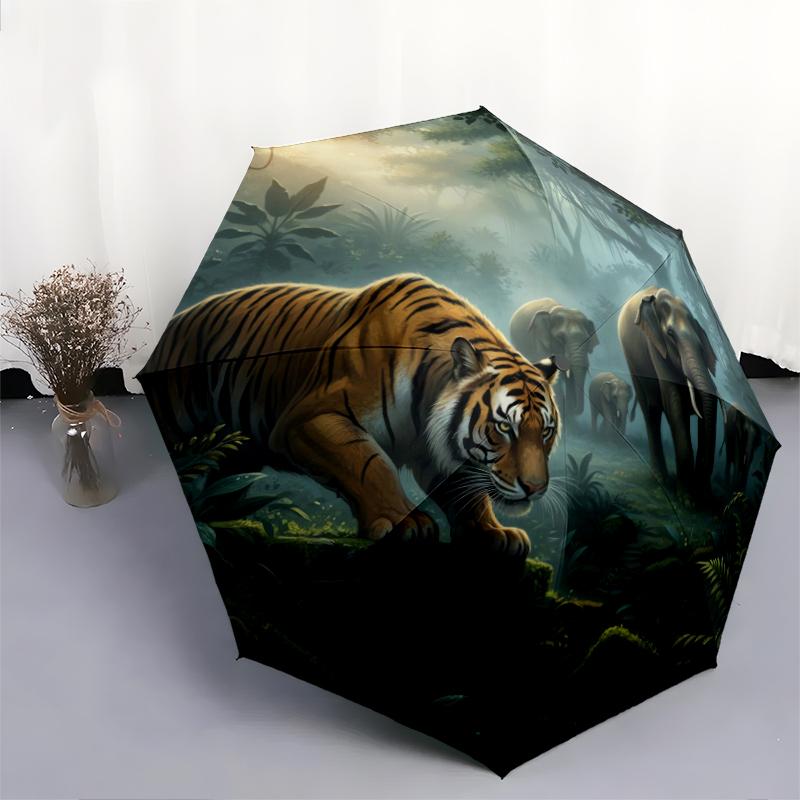 1 PC Automatic Folding Umbrella - Tiger Hunting Its Prey Pattern, Portable & Foldable Design with 8 Ribs, Christmas Birthday Gifts