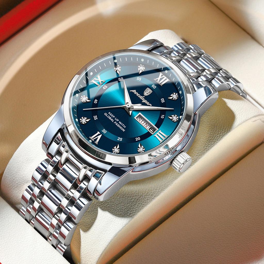 POEDAGAR Sport Casual Man Wristwatch Waterproof Stainless Steel Luminous Original Watch Date Week Quartz Watches Reloj