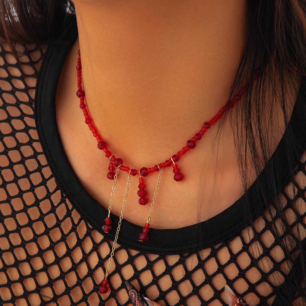 

Halloween Blood Dripping Crystal Fringed Necklace, Gothic Red Beaded Collarbone Neck Chain Woman