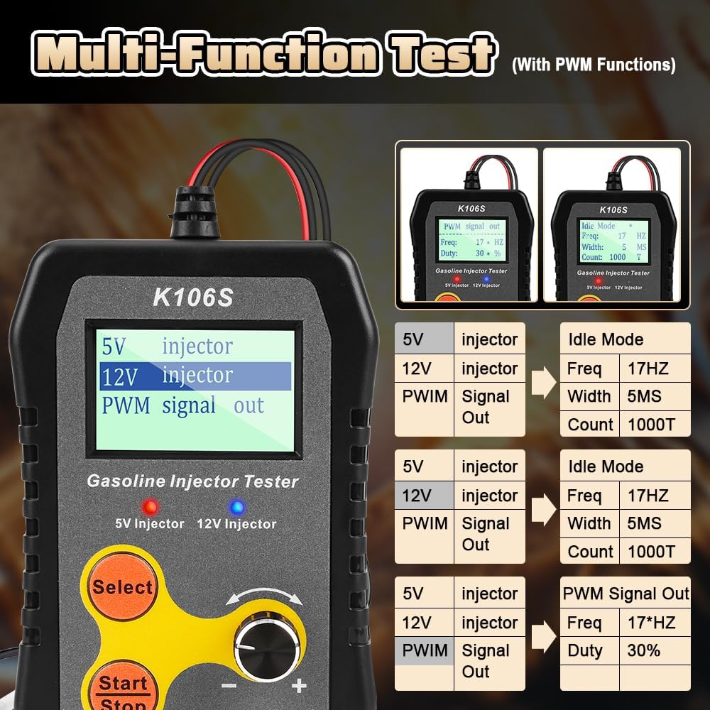 Universal Fuel Injector Tester and Cleaner Tool, DIY Cleaning Tool Kit for PWM, Adjustable Pulse Width Freq & Count, Two Injectors Test