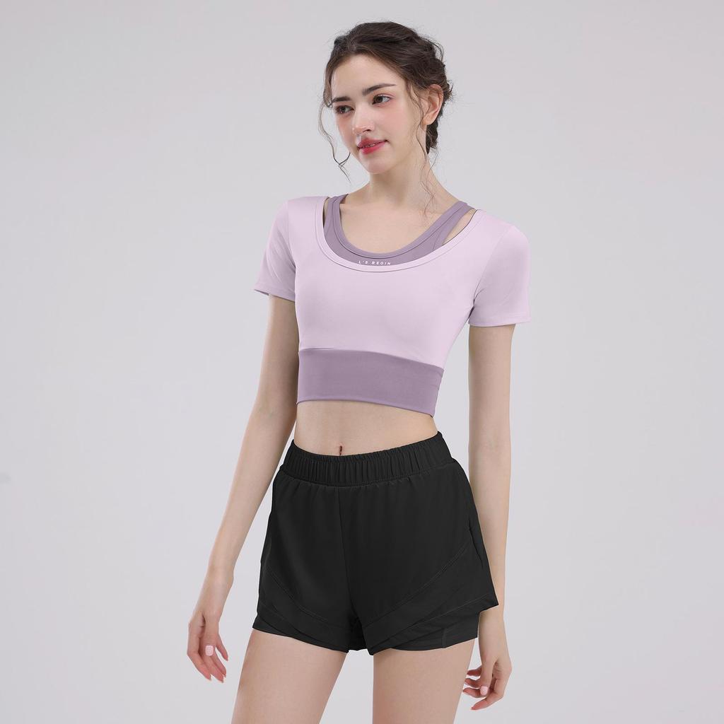 Women's Short Sleeve Yoga Set: Summer Style Workout Top with Chest Pad for Pilates, Training, and Running.