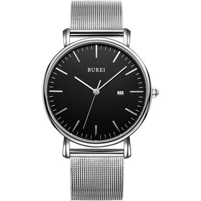 BUREI Men's Analog Quartz Watch Waterproof Date Black Simple Stylish Business Silver Milanese Mesh Band