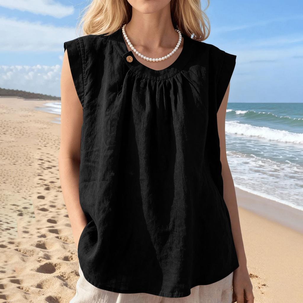 Sleeveless Loose Fit Linen Blouse for Women Casual Round Neck Solid Lightweight Summer Top Shirt