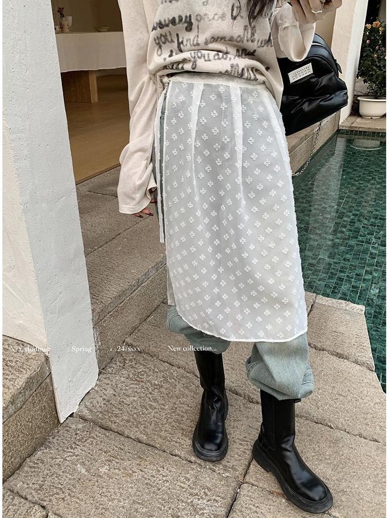 Gładka Przezroczysta Warstwowa Spódnica Midi z Wysokim Stanem, Wiązana i z Koronkowymi Detalami