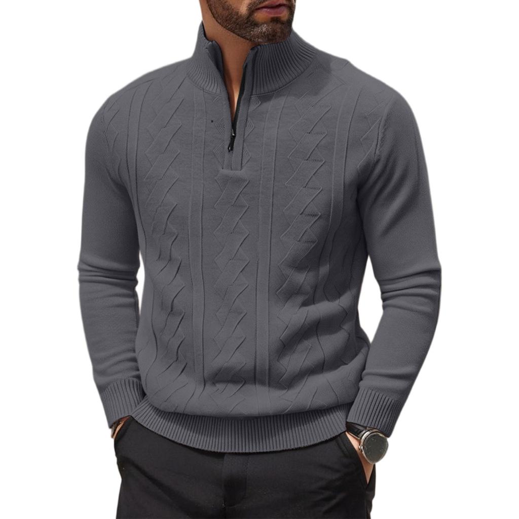 Half Zipper  Pullover  Long-Sleeved Knitted Sweater  Solid Color