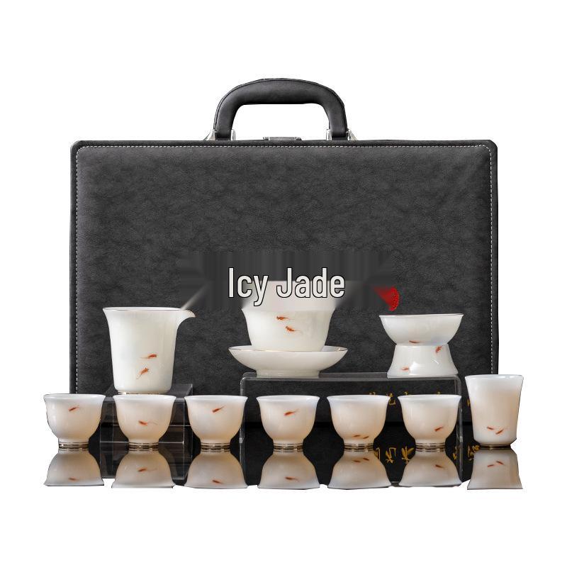 High-End Puyu Light Luxury Dehua White Porcelain Kung Fu Tea Set with Mutton Fat Jade Teapot