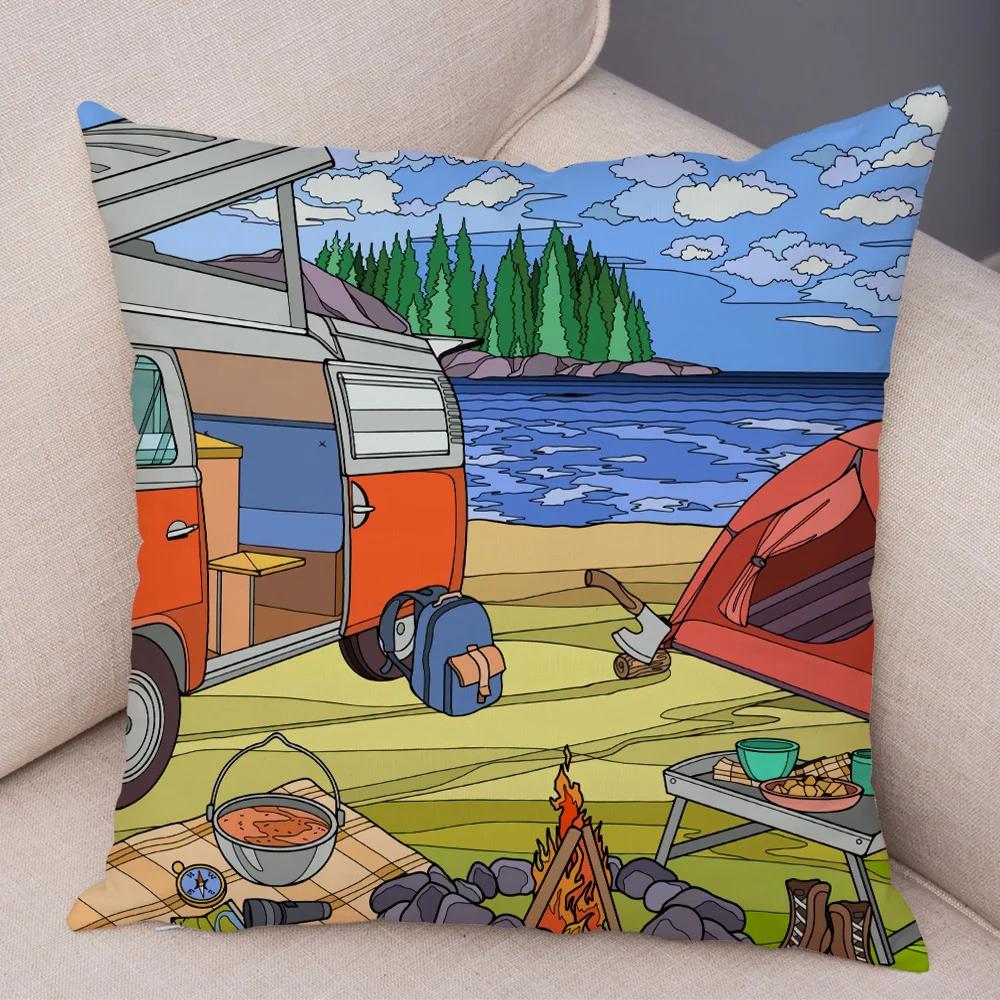 Both Sides Pillow Case Decor Happy Camper Cartoon House Travel Car Cushion Cover for Sofa Home Super Soft Plush Pillowcase