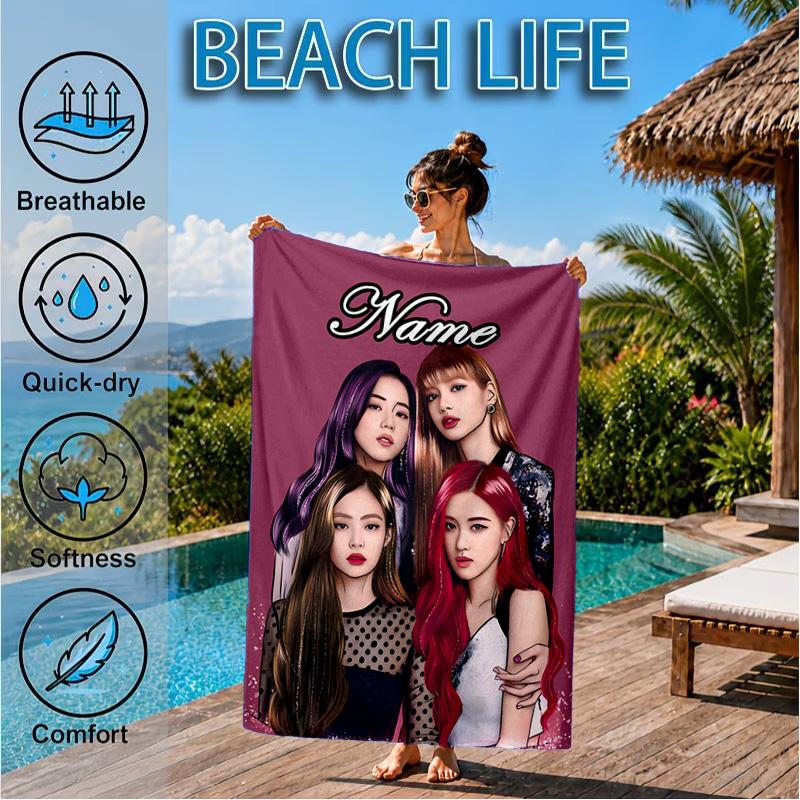 Custom Name Kpop Group Portrait Beach Towel Microfiber Beach Towel, Lightweight and Quick-Dry, for Summer Travel, Swimming Pool Gift