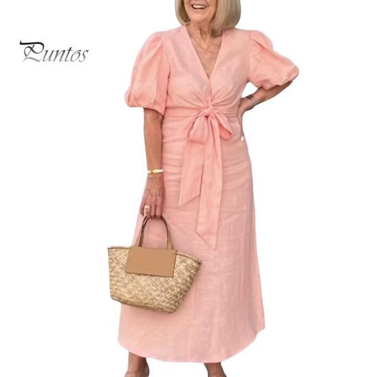 Summer Maxi Dress V Neck Lace-up Waist Bubble Sleeves Solid Color Loose Long Dress for Daily Life Date Work Party