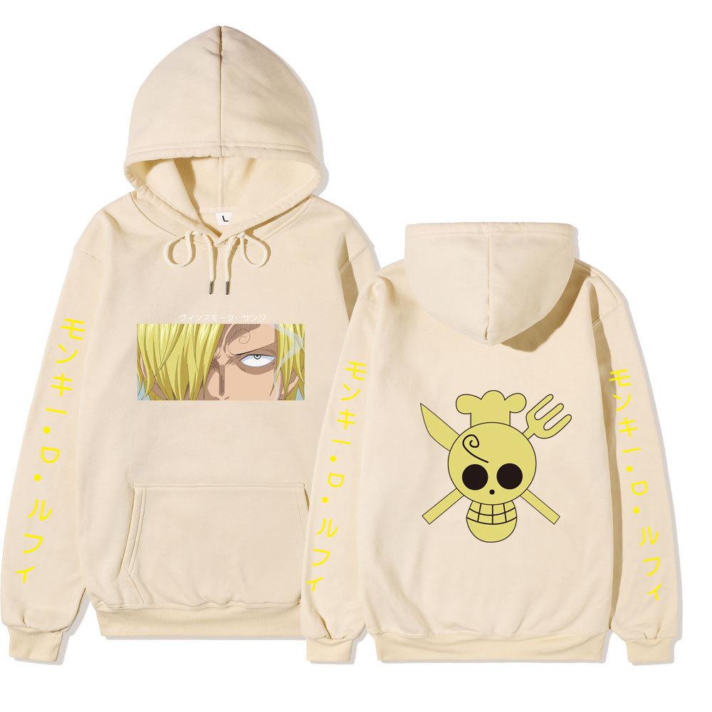 One Piece Sanji Hoodie, Chef Pirate Skull Logo Japanese Letter Sleeve Print Pullover Sweatshirt Unisex Streetwear