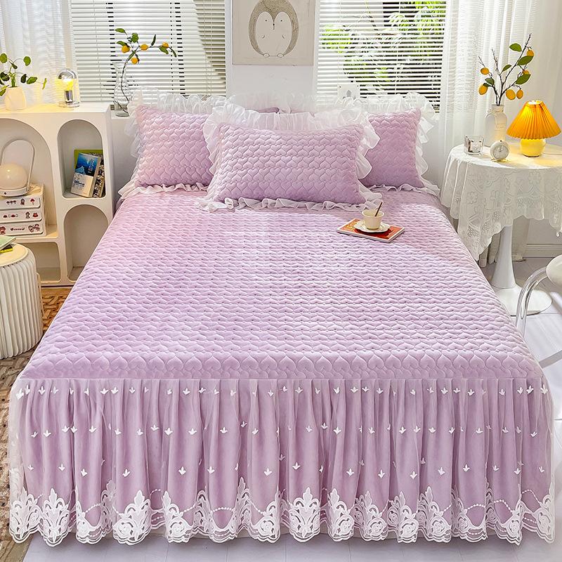 Lace Bed Skirt Thickened Quilted Coral Fleece Bedspread Mattress Protective Cover Autumn and Winter Bedding