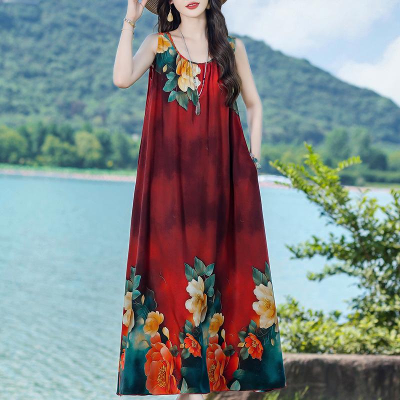 Damen Sommerkleid Vintage Kleidung Lässig Ärmellos Lange Kleider