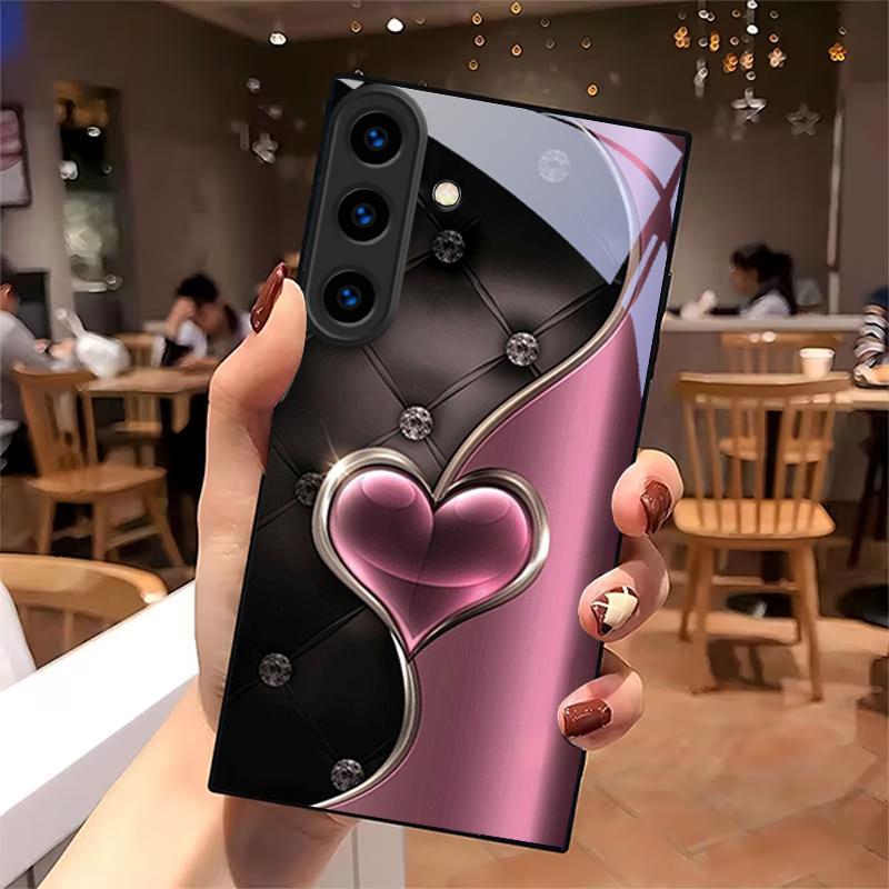 Midnight Pink Affection Black Glass Phone Case For For Samsung Galaxy S26 S25 S26Ultra S25 Edge S24 FE S23 S22 S21 S20Plus Cover