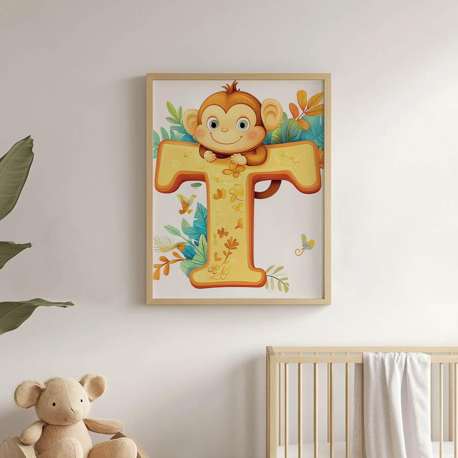 Plakat Wesoła Małpka Z Literą T Plakat Wesoła Małpka Z Literą T, 70X100 Cm, Bez Ramy, Papier Matowy 230 Gsm