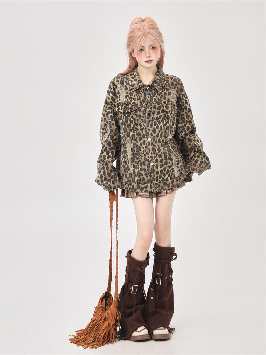 

Весна 2025 Американский Ретро Леопардовый Принт Оверсайз ПАНК Куртка 3XL цветной печати леопарда