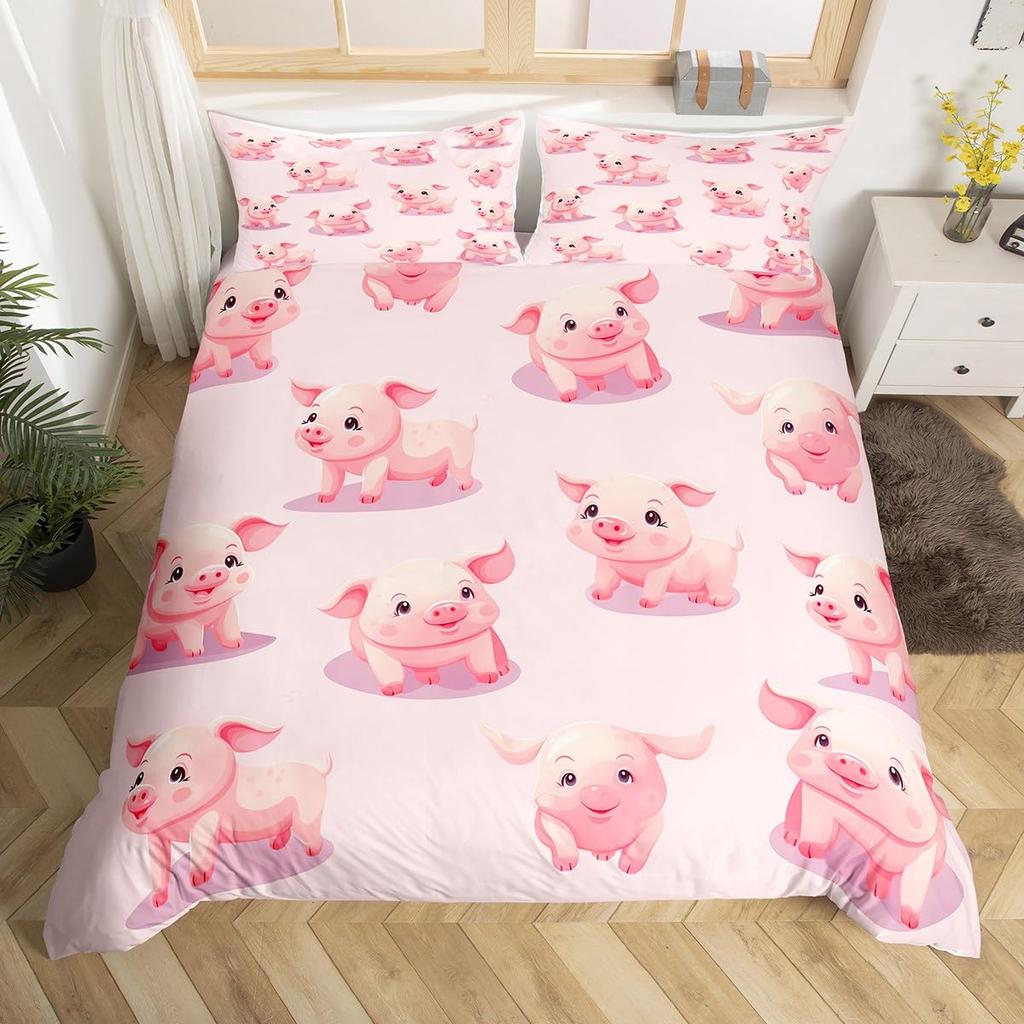 Rozā cūciņas gultas veļas komplekts King Queen Guļošas cūciņas segas pārvalks bērniem, zēniem, meitenēm, Kawaii dzīvnieku segas pārvalks ar 2 spilvendrānām