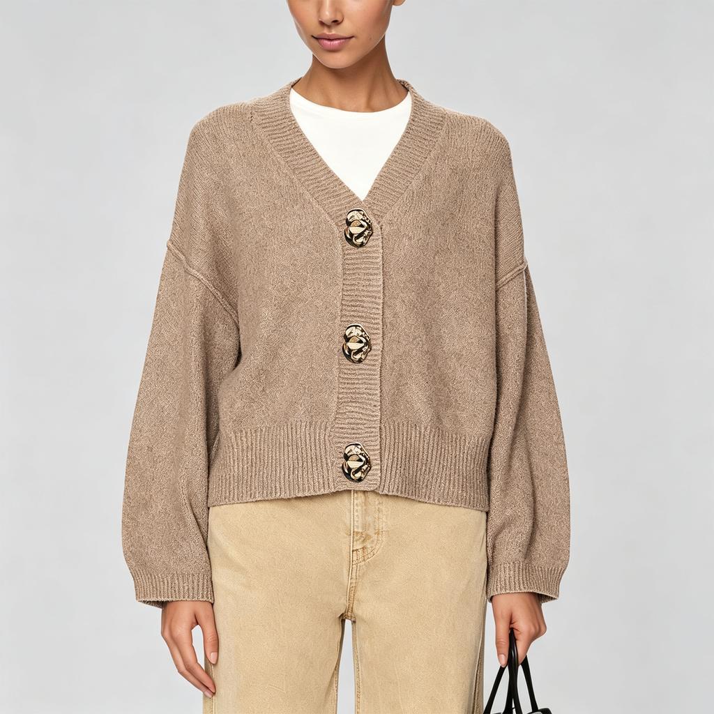 Damen Strickjacke Farbe Rundhals Lockerer Schnitt Langarm mit Großen Knöpfen