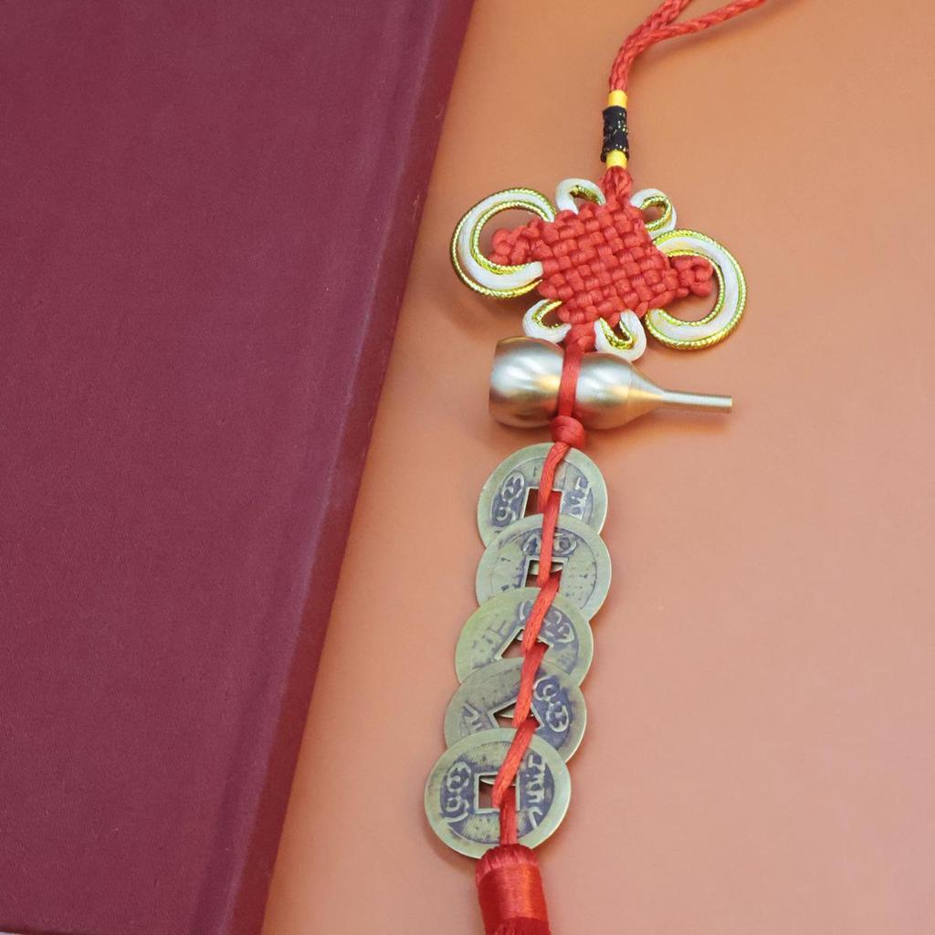 Brass Gourd Five Emperors Copper Coins Cinnabar Knot Pendant for Entrance, Bedroom, and Kitchen
