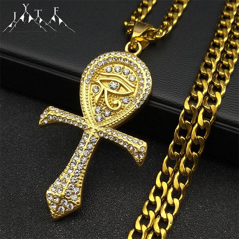 Egyptian Cross Ankh Key Of Life Rhinestone Devil Eye Necklace For Women Men Stainless Steel Gold Color Turkish Eye Jewelry