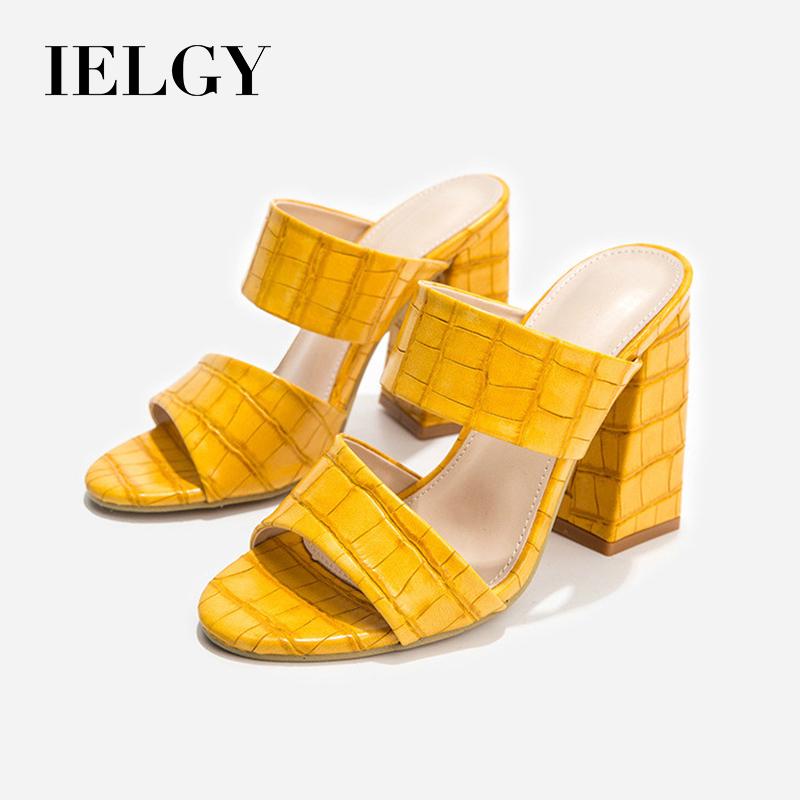 yellow chunky heel sandals
