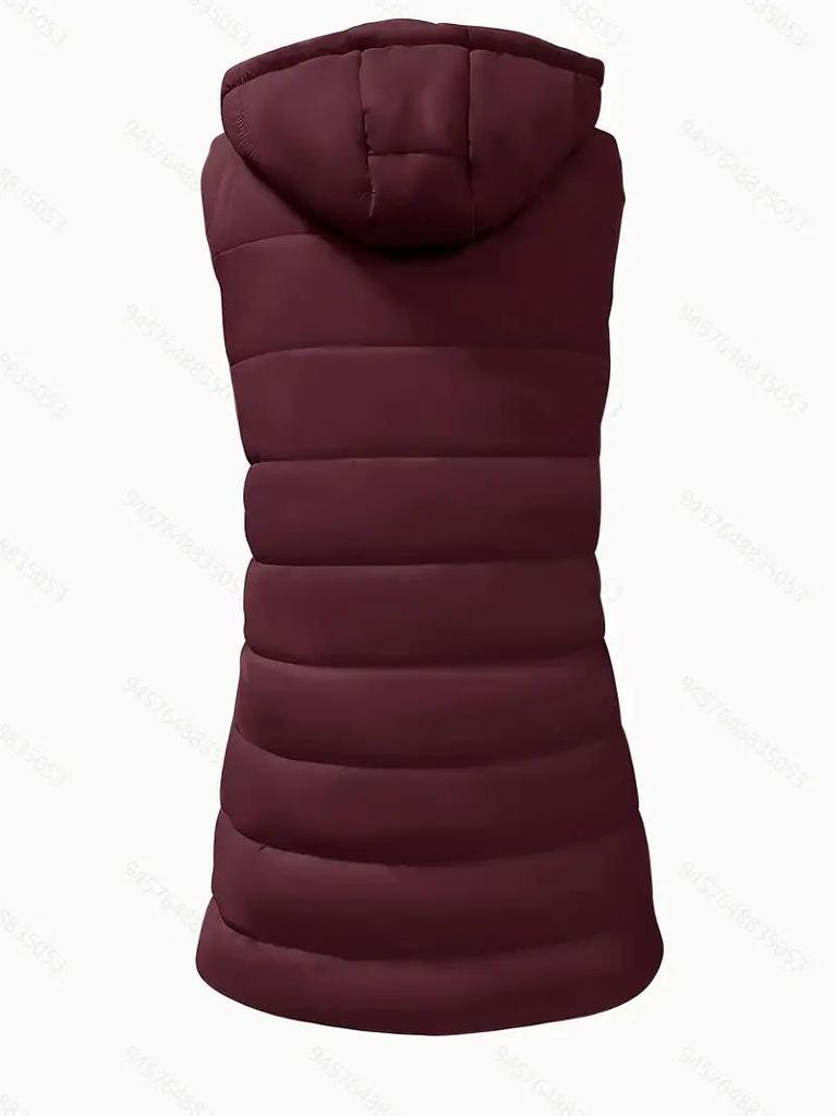 Women's Mid-Length Plus Size Solid Color Hooded Zipper Vest Jacket - Europe 2025 Collection