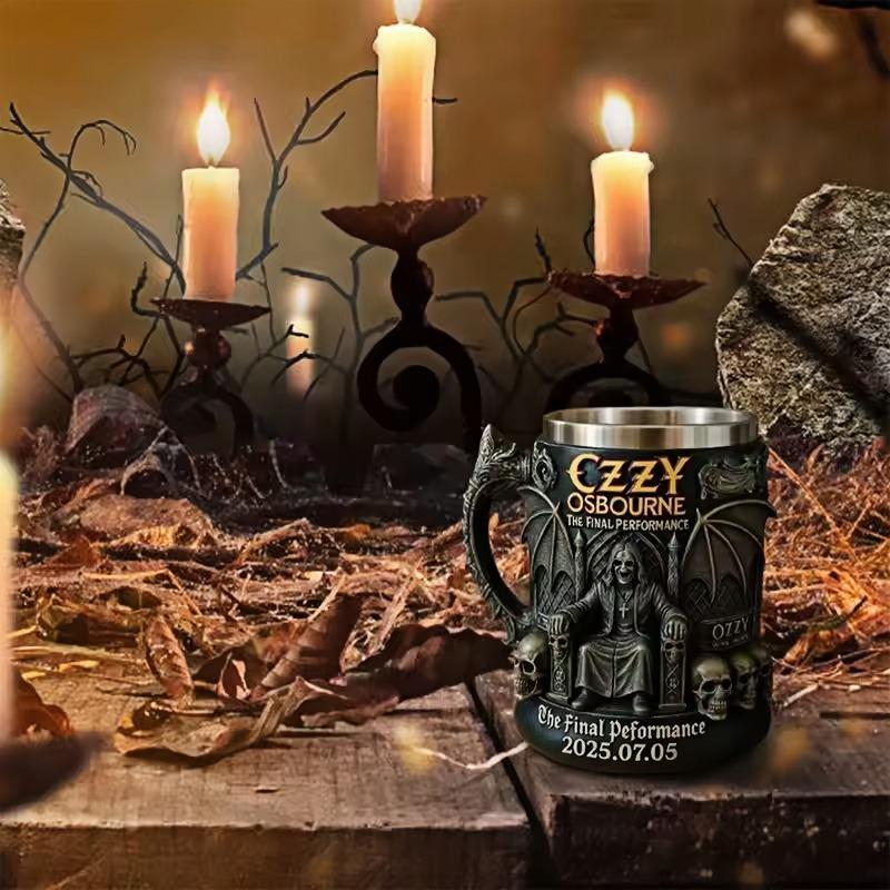 Halloweenový 3D pamětní hrnek Ozzyho Osbournea Nerezový hrnek na vodu s lebkou Pivní hrnek Šálek na kávu Nádobí na pití