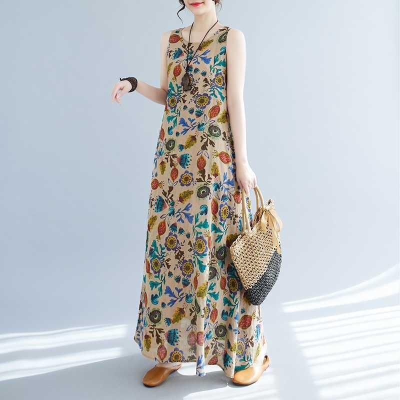 Long Skirt Summer New Sleeveless Round Neck Printed Mid Length Dress
