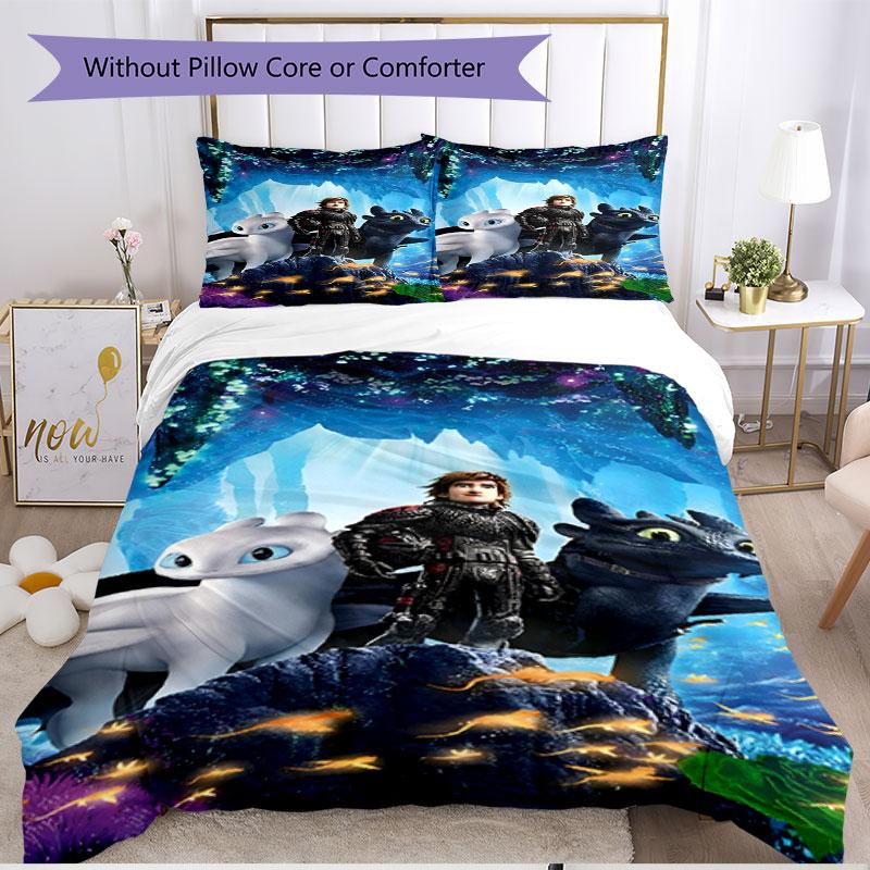 3pcs Duvet Cover Set (1*Duvet Cover + 2*Pillowcase, Without Core), How to Train Your Dragon Print Soft All‑Season Bedding Set, Home Bedroom Decor Gift