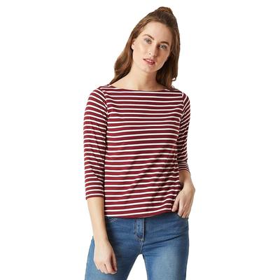 Miss Chase Women's Maroon & White Boat Neck 3/4th Sleeves Regular Basic Cotton Striped Top (MCAW18TP11-95-139-05, Maroon