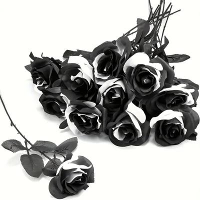 Black White Halloween Artificial Rose Flowers Soft Silk Simulation Flowers  Halloween Day