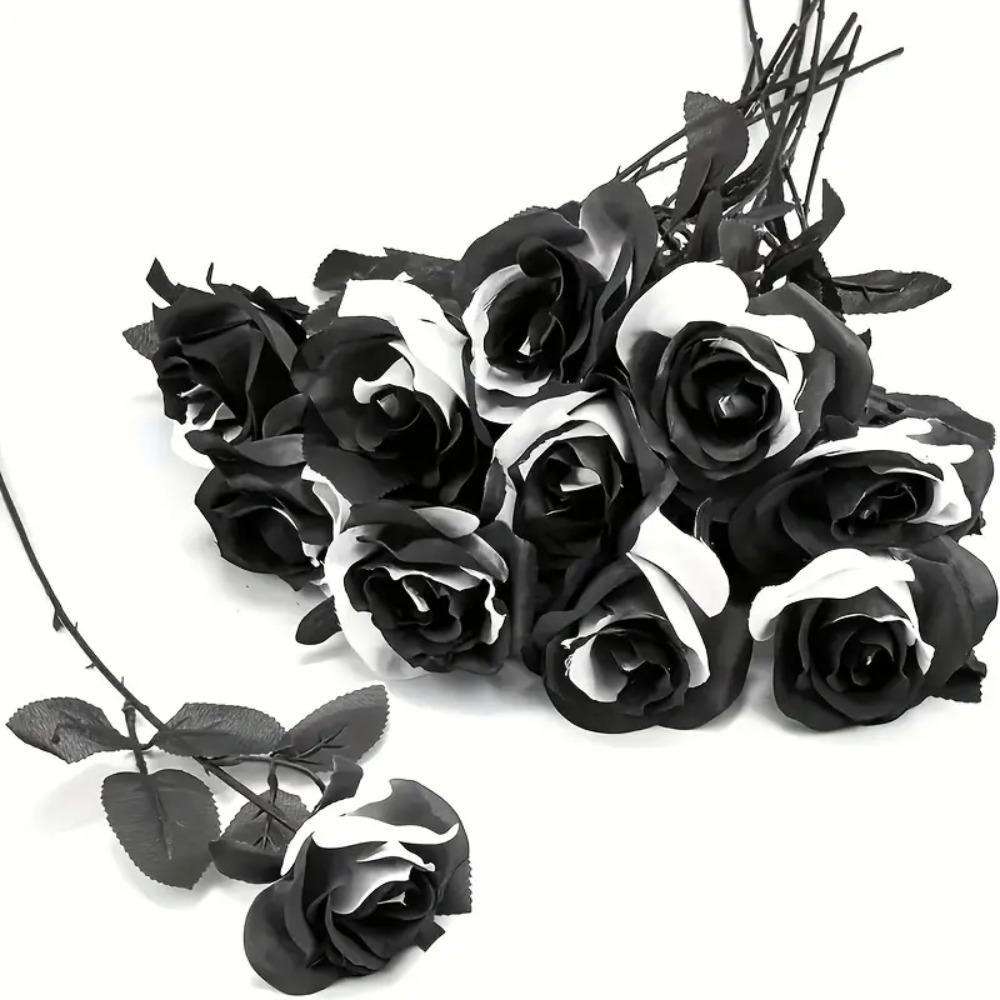 Black White Halloween Artificial Rose Flowers Gothic Simulation Flowers  Bridal Wedding Bouquet
