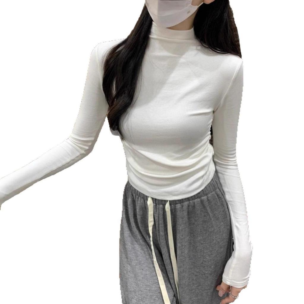 Women's Spicy Girl Gray Ruched Slim-Fit Long-Sleeve Turtleneck Top for Autumn/Winter