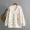 Autumn Winter Women Jacquard Sweater Loose Knit Coat V Neck Long Patterned