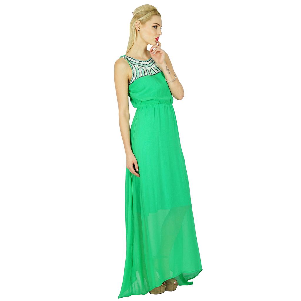 Bimba Women Long Green Maxi Half Lined Dress Hand Beaded Neck Sleeveless
