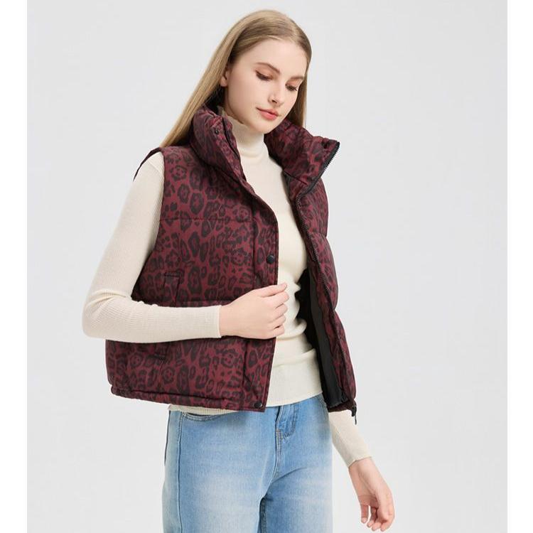 Mode Leopardenmuster Kurze Weste Stehkragen Warm Ärmellose Jacke Damen Oberbekleidung Herbst Winter