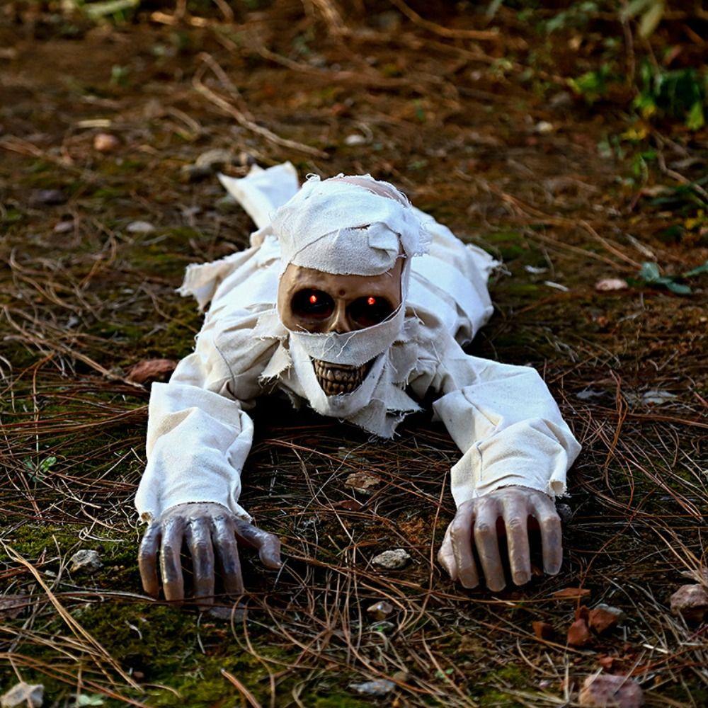 Fantasma Rampicante Elettrico di Halloween Testa Calva Occhi Luminosi Zombie Rampicante Figura Realistica Mobile Stanza degli Enigmi Fantasma Rampicante