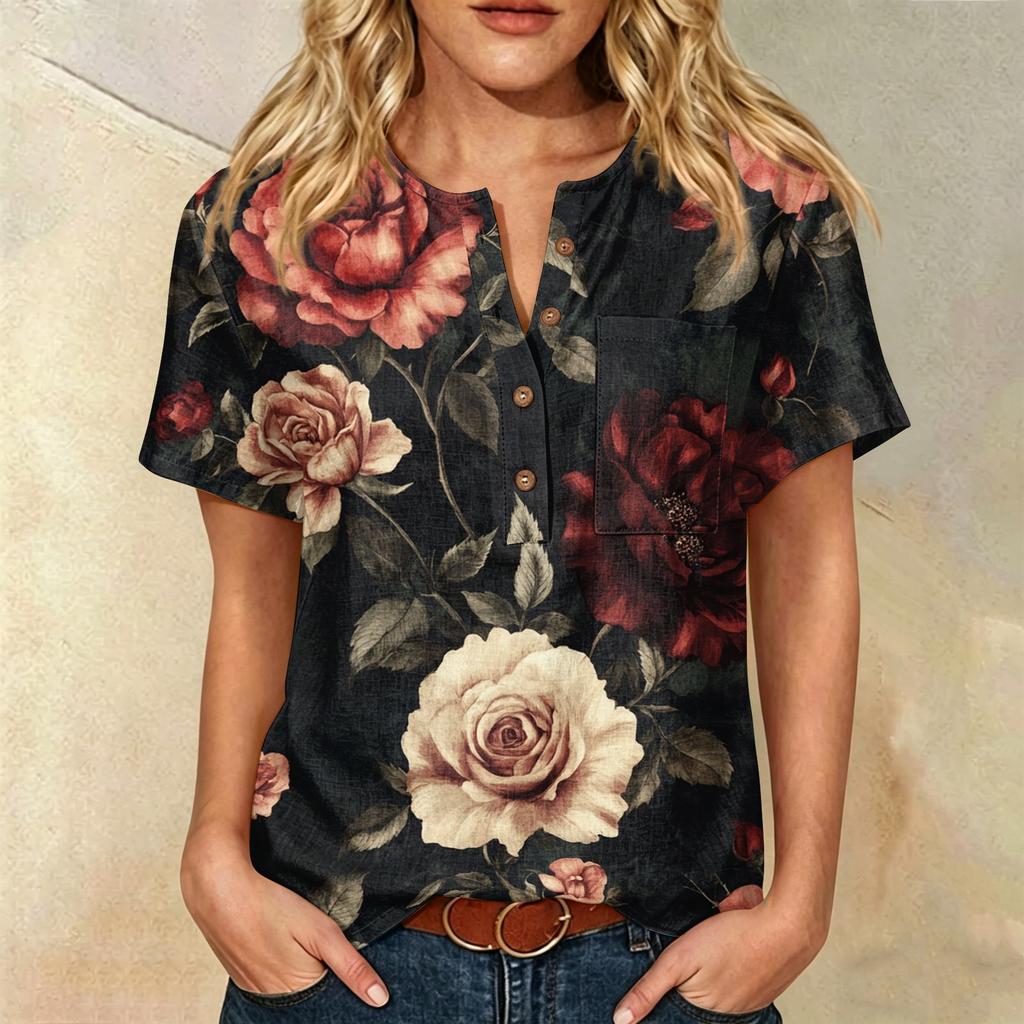 Women’s Casual Printed Henley Button Neck Short Sleeve Cotton Linen Shirt with Chest Pocket and Relaxed Fit for Everyday Wear