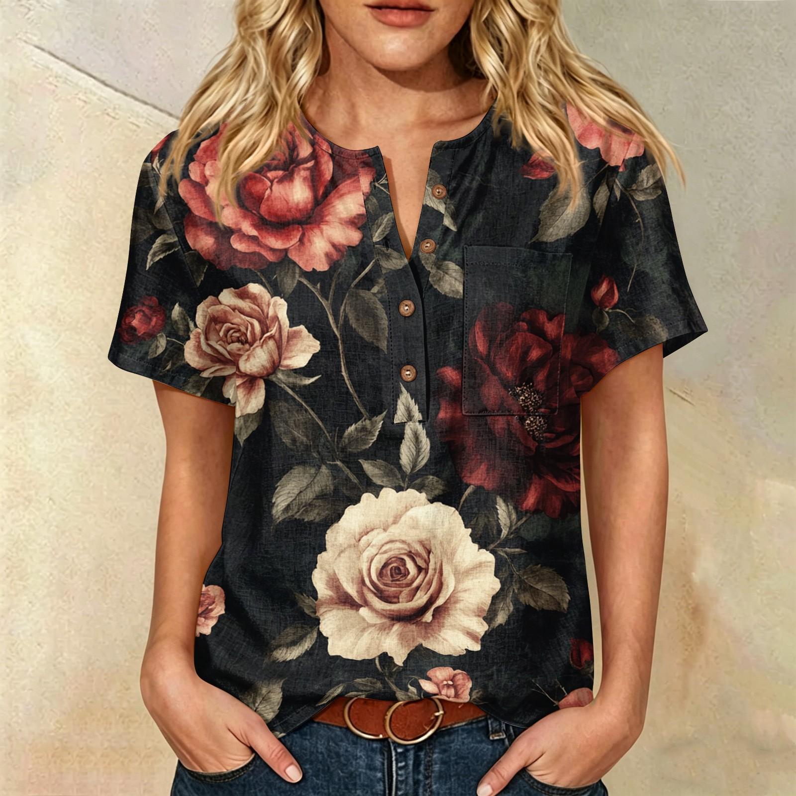 

Women’s Fashion Printed Henley Button Front Chest Pocket Short Sleeve Cotton Linen Shirt Casual Loose Fit Top S винный
